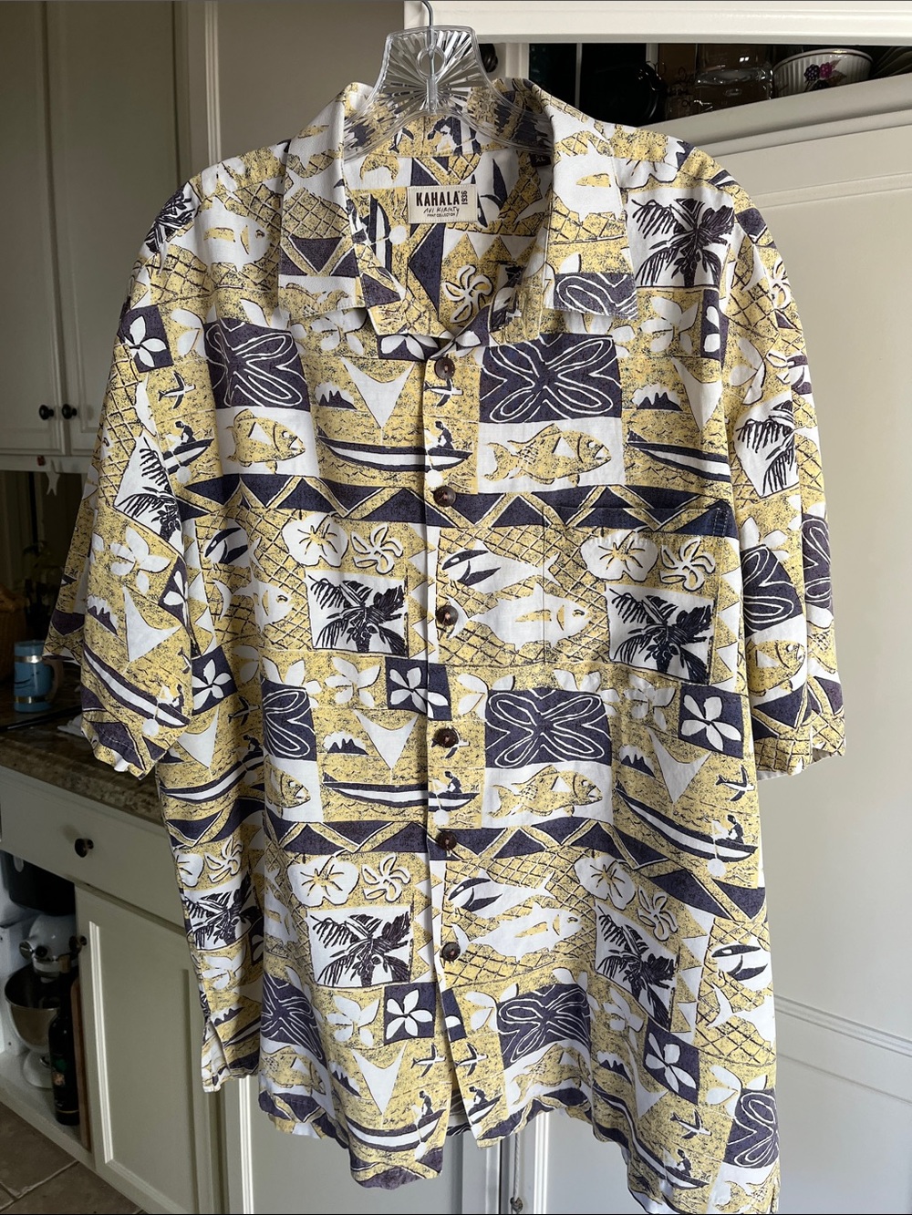 Kahala Avi Kiriaty Yellow & Navy Hawaiian Button-Front Aloha Shirt size XL